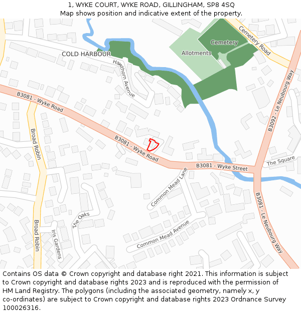 1, WYKE COURT, WYKE ROAD, GILLINGHAM, SP8 4SQ: Location map and indicative extent of plot