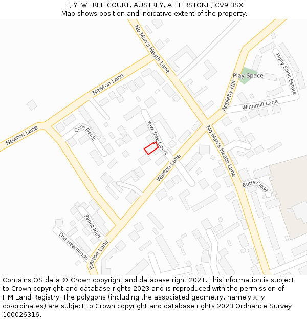 1, YEW TREE COURT, AUSTREY, ATHERSTONE, CV9 3SX: Location map and indicative extent of plot