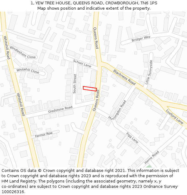 1, YEW TREE HOUSE, QUEENS ROAD, CROWBOROUGH, TN6 1PS: Location map and indicative extent of plot