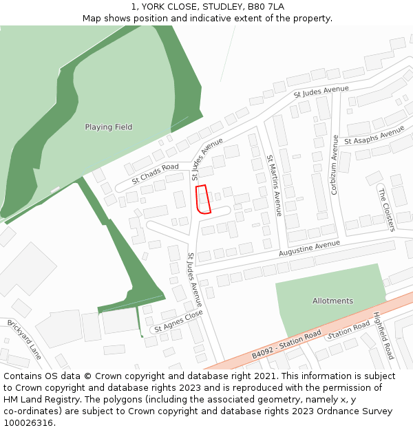 1, YORK CLOSE, STUDLEY, B80 7LA: Location map and indicative extent of plot