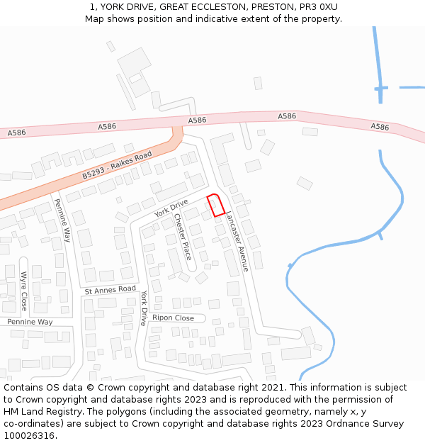 1, YORK DRIVE, GREAT ECCLESTON, PRESTON, PR3 0XU: Location map and indicative extent of plot