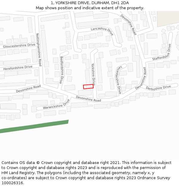 1, YORKSHIRE DRIVE, DURHAM, DH1 2DA: Location map and indicative extent of plot