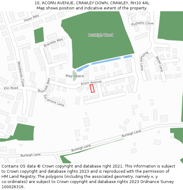 10, ACORN AVENUE, CRAWLEY DOWN, CRAWLEY, RH10 4AL: Location map and indicative extent of plot