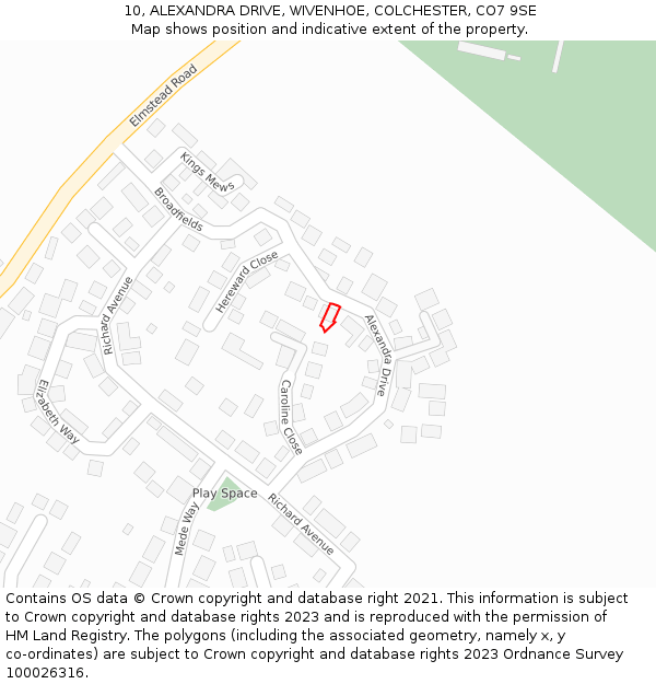 10, ALEXANDRA DRIVE, WIVENHOE, COLCHESTER, CO7 9SE: Location map and indicative extent of plot