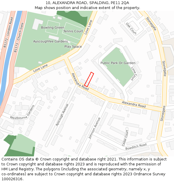 10, ALEXANDRA ROAD, SPALDING, PE11 2QA: Location map and indicative extent of plot