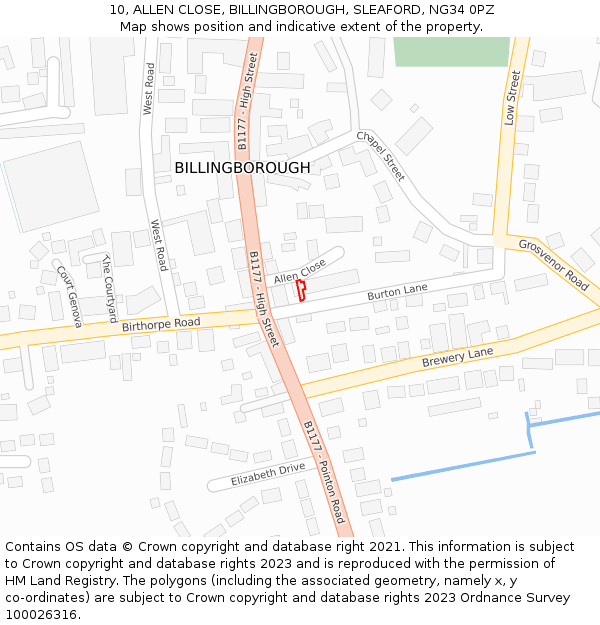 10, ALLEN CLOSE, BILLINGBOROUGH, SLEAFORD, NG34 0PZ: Location map and indicative extent of plot