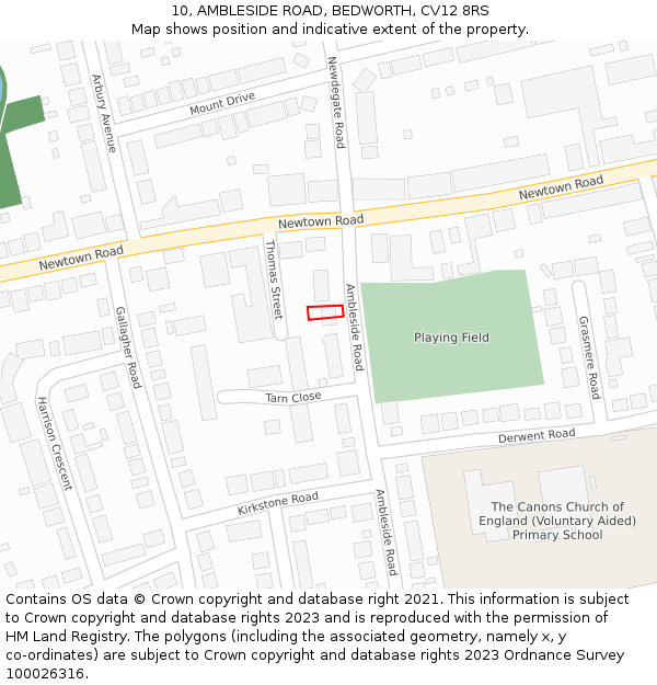 10, AMBLESIDE ROAD, BEDWORTH, CV12 8RS: Location map and indicative extent of plot