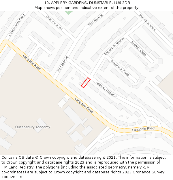 10, APPLEBY GARDENS, DUNSTABLE, LU6 3DB: Location map and indicative extent of plot