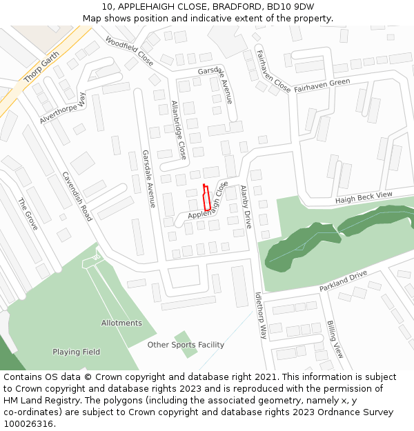 10, APPLEHAIGH CLOSE, BRADFORD, BD10 9DW: Location map and indicative extent of plot