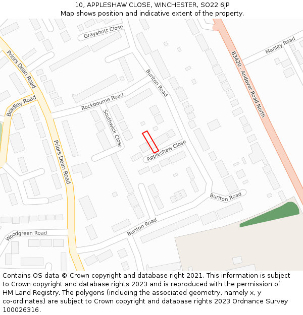 10, APPLESHAW CLOSE, WINCHESTER, SO22 6JP: Location map and indicative extent of plot