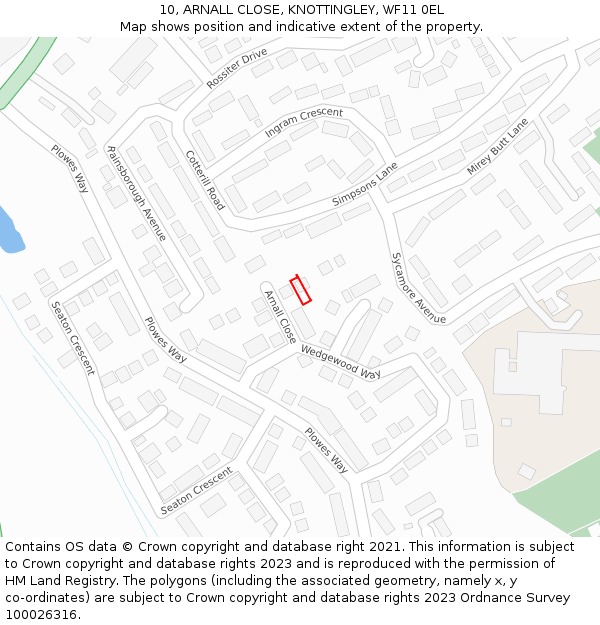 10, ARNALL CLOSE, KNOTTINGLEY, WF11 0EL: Location map and indicative extent of plot