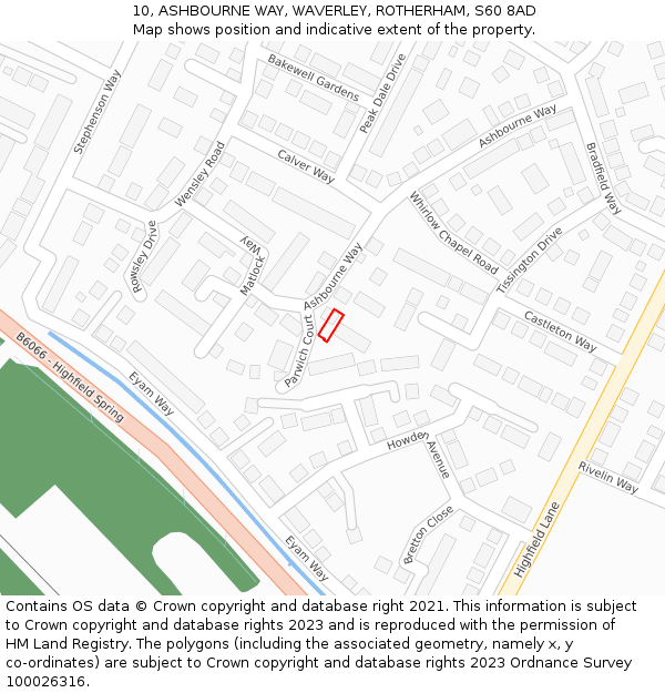 10, ASHBOURNE WAY, WAVERLEY, ROTHERHAM, S60 8AD: Location map and indicative extent of plot