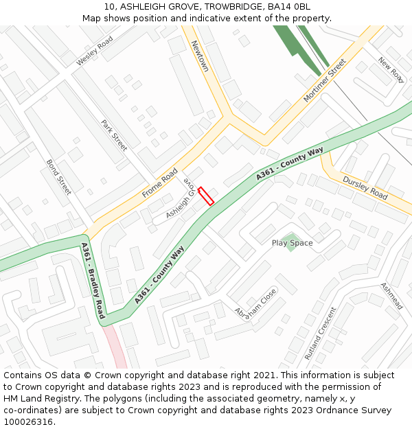 10, ASHLEIGH GROVE, TROWBRIDGE, BA14 0BL: Location map and indicative extent of plot