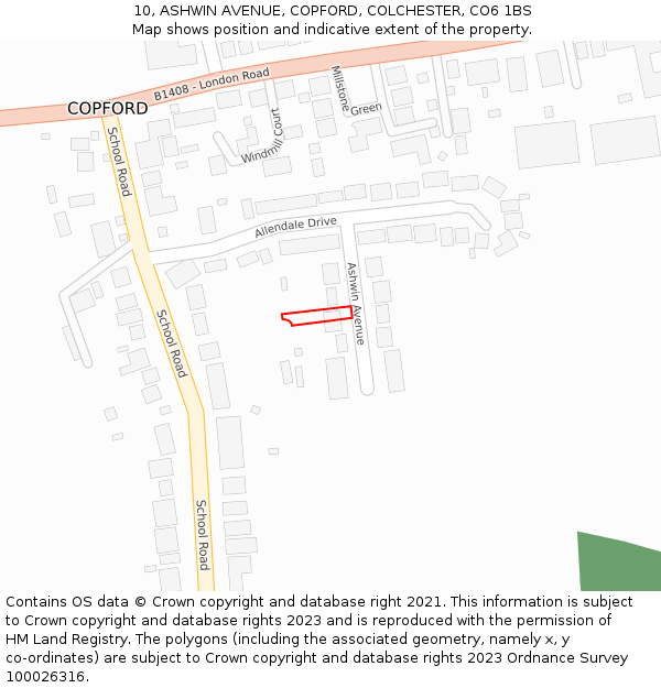 10, ASHWIN AVENUE, COPFORD, COLCHESTER, CO6 1BS: Location map and indicative extent of plot