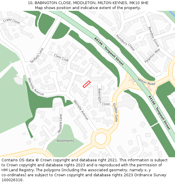 10, BABINGTON CLOSE, MIDDLETON, MILTON KEYNES, MK10 9HE: Location map and indicative extent of plot