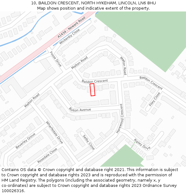 10, BAILDON CRESCENT, NORTH HYKEHAM, LINCOLN, LN6 8HU: Location map and indicative extent of plot