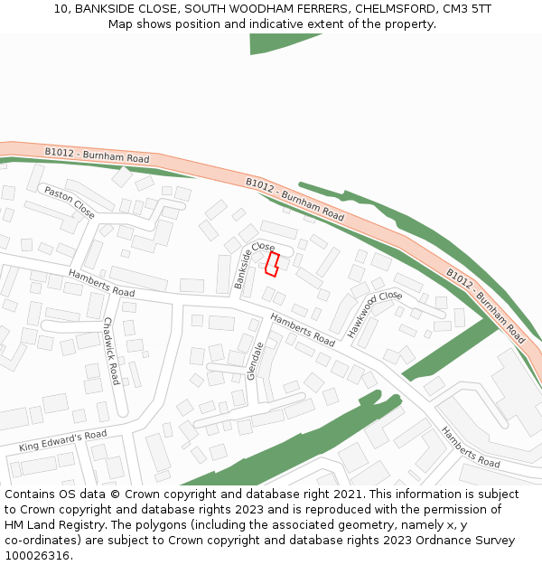 10, BANKSIDE CLOSE, SOUTH WOODHAM FERRERS, CHELMSFORD, CM3 5TT: Location map and indicative extent of plot