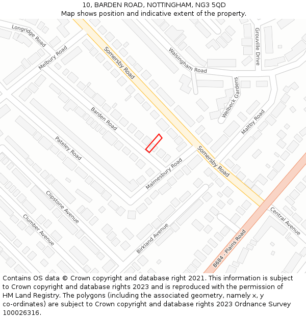 10, BARDEN ROAD, NOTTINGHAM, NG3 5QD: Location map and indicative extent of plot