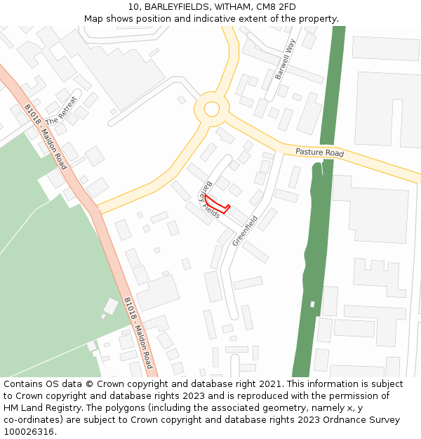 10, BARLEYFIELDS, WITHAM, CM8 2FD: Location map and indicative extent of plot