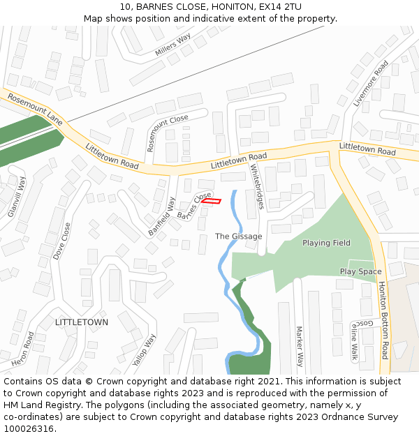 10, BARNES CLOSE, HONITON, EX14 2TU: Location map and indicative extent of plot