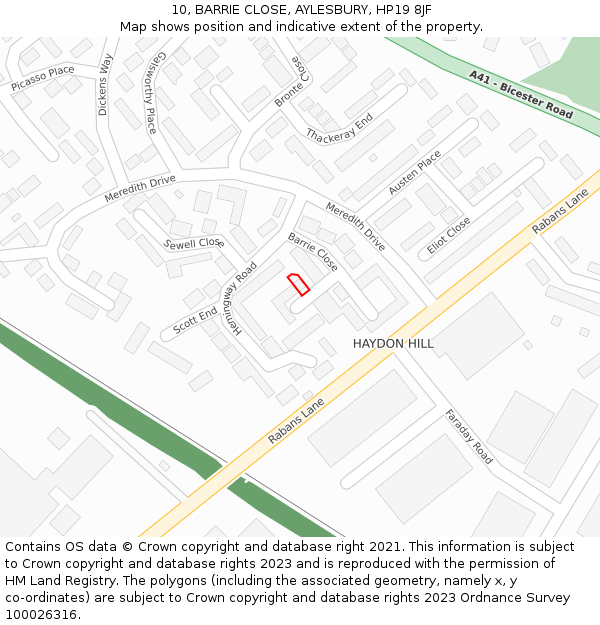 10, BARRIE CLOSE, AYLESBURY, HP19 8JF: Location map and indicative extent of plot