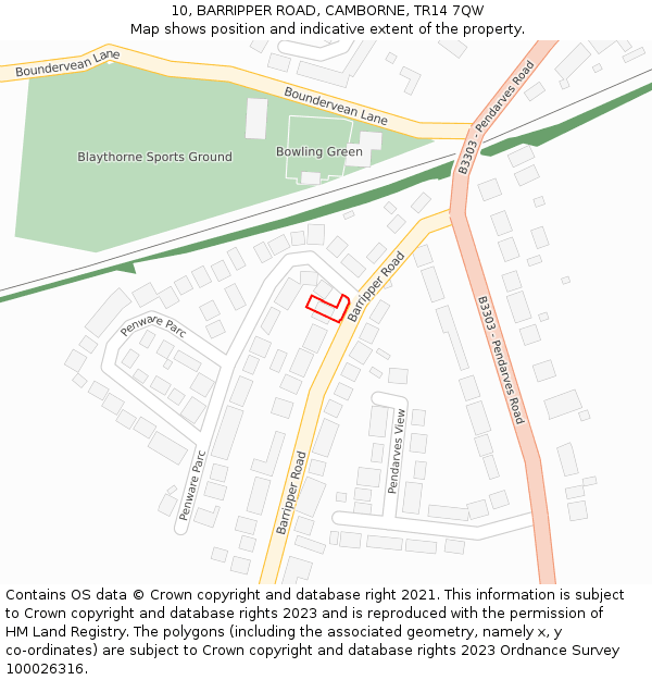 10, BARRIPPER ROAD, CAMBORNE, TR14 7QW: Location map and indicative extent of plot