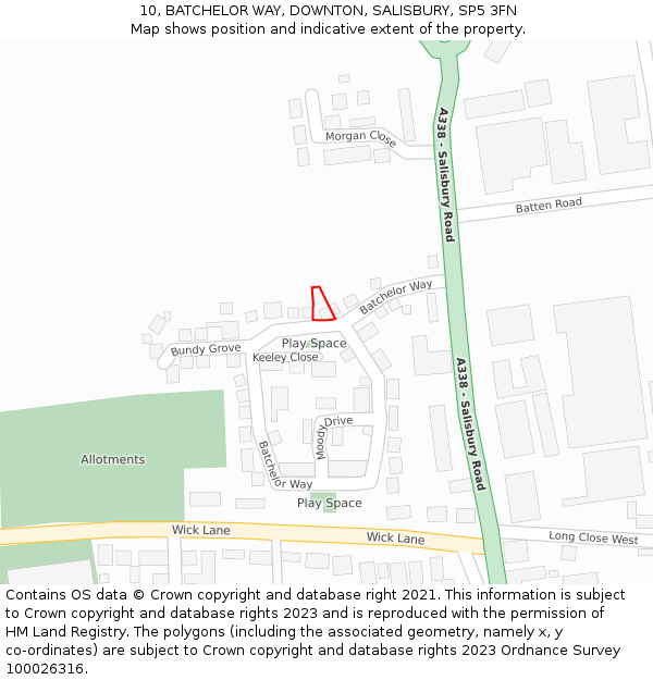 10, BATCHELOR WAY, DOWNTON, SALISBURY, SP5 3FN: Location map and indicative extent of plot