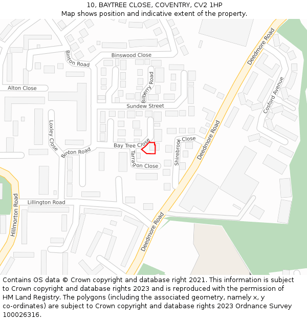 10, BAYTREE CLOSE, COVENTRY, CV2 1HP: Location map and indicative extent of plot