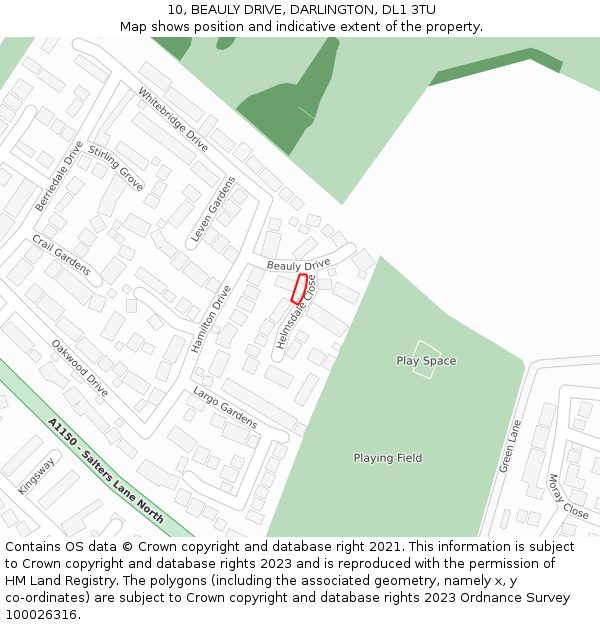 10, BEAULY DRIVE, DARLINGTON, DL1 3TU: Location map and indicative extent of plot