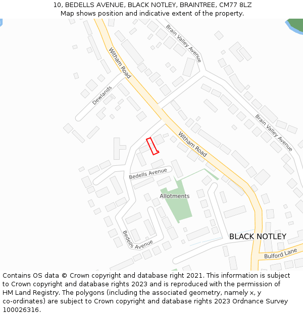 10, BEDELLS AVENUE, BLACK NOTLEY, BRAINTREE, CM77 8LZ: Location map and indicative extent of plot