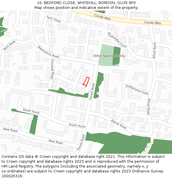 10, BEDFORD CLOSE, WHITEHILL, BORDON, GU35 9PS: Location map and indicative extent of plot