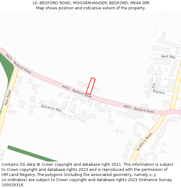 10, BEDFORD ROAD, MOGGERHANGER, BEDFORD, MK44 3RR: Location map and indicative extent of plot