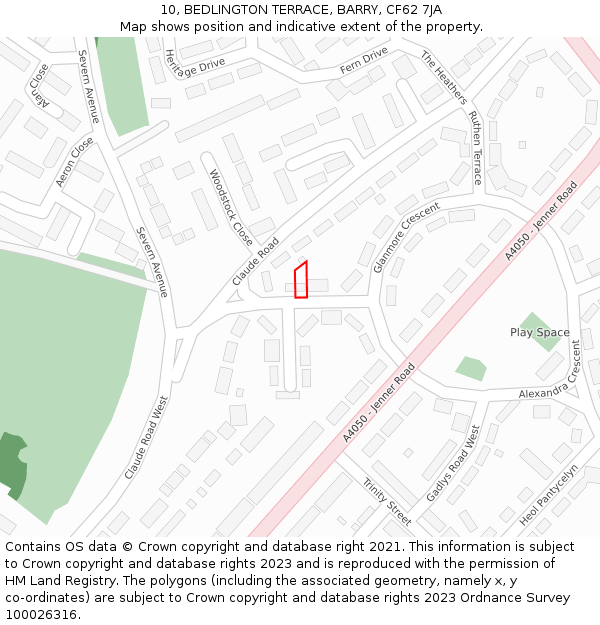 10, BEDLINGTON TERRACE, BARRY, CF62 7JA: Location map and indicative extent of plot