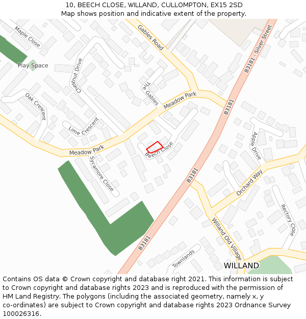 10, BEECH CLOSE, WILLAND, CULLOMPTON, EX15 2SD: Location map and indicative extent of plot