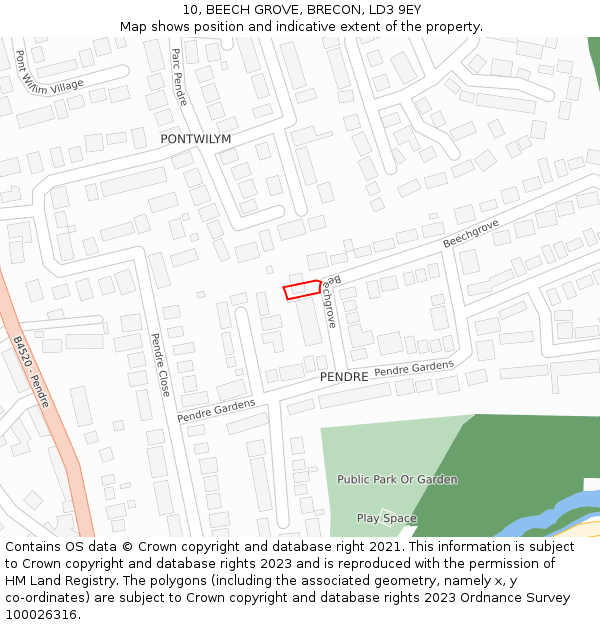 10, BEECH GROVE, BRECON, LD3 9EY: Location map and indicative extent of plot