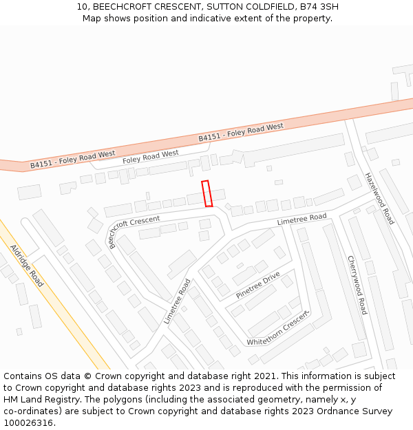 10, BEECHCROFT CRESCENT, SUTTON COLDFIELD, B74 3SH: Location map and indicative extent of plot