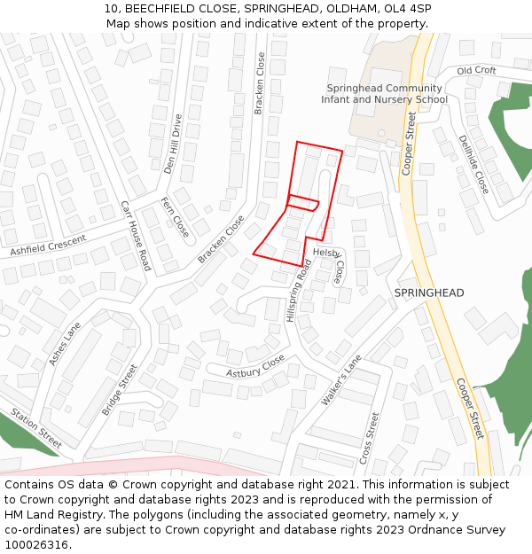 10, BEECHFIELD CLOSE, SPRINGHEAD, OLDHAM, OL4 4SP: Location map and indicative extent of plot