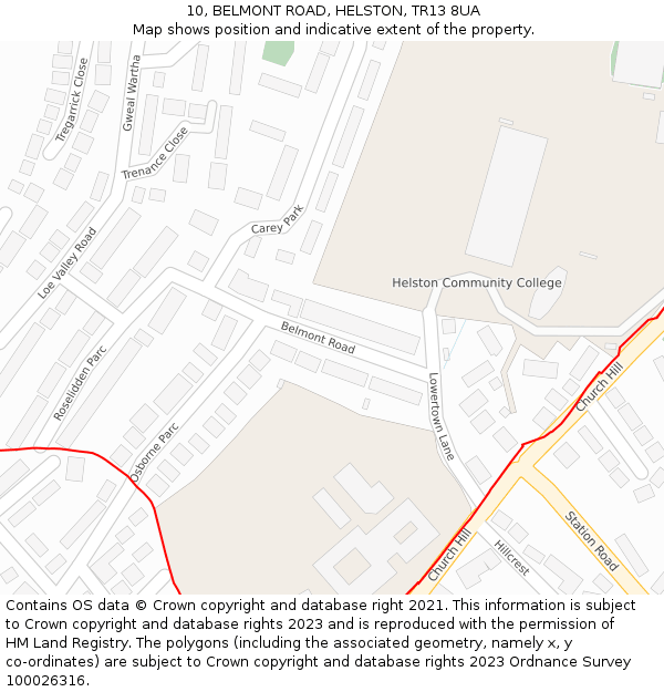 10, BELMONT ROAD, HELSTON, TR13 8UA: Location map and indicative extent of plot