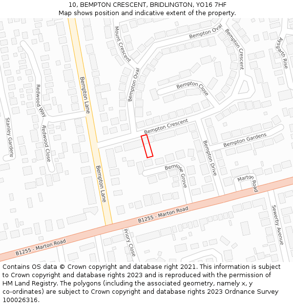 10, BEMPTON CRESCENT, BRIDLINGTON, YO16 7HF: Location map and indicative extent of plot