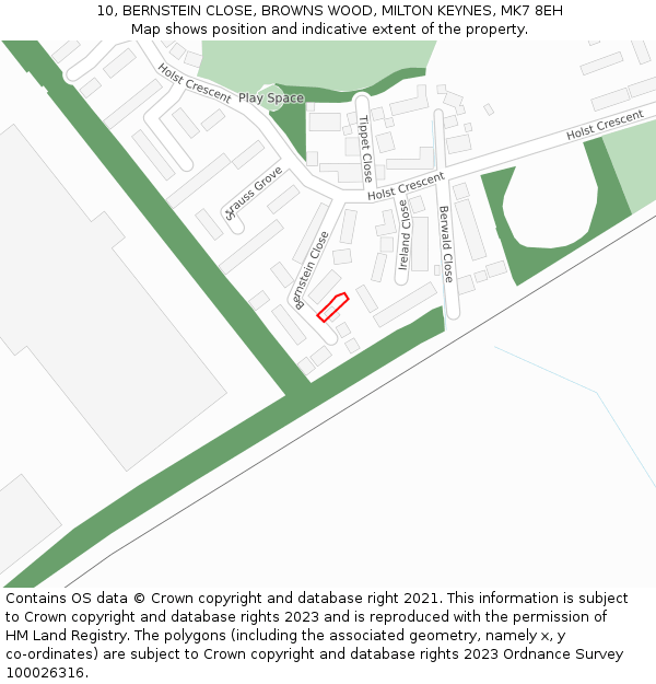 10, BERNSTEIN CLOSE, BROWNS WOOD, MILTON KEYNES, MK7 8EH: Location map and indicative extent of plot