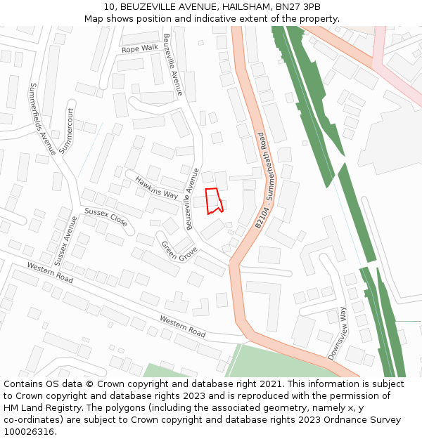 10, BEUZEVILLE AVENUE, HAILSHAM, BN27 3PB: Location map and indicative extent of plot