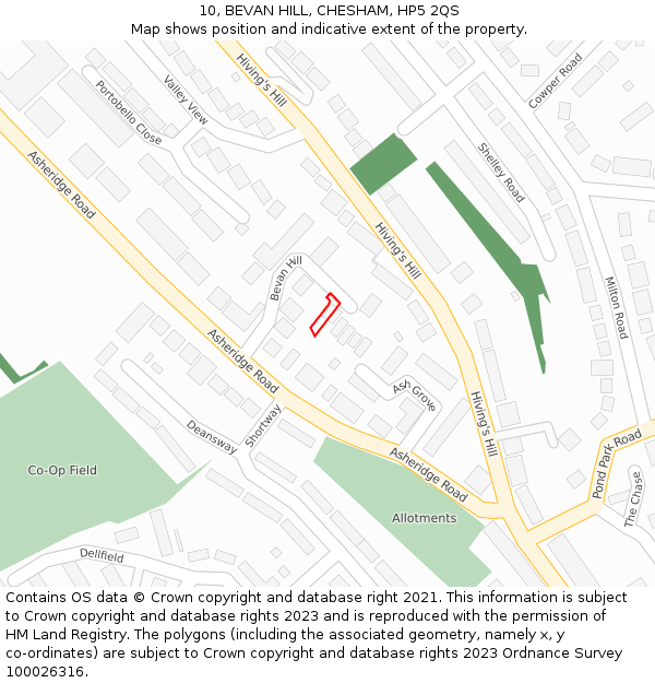 10, BEVAN HILL, CHESHAM, HP5 2QS: Location map and indicative extent of plot