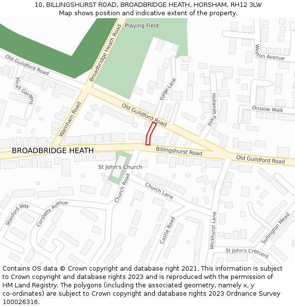 10, BILLINGSHURST ROAD, BROADBRIDGE HEATH, HORSHAM, RH12 3LW: Location map and indicative extent of plot