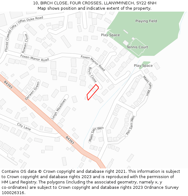 10, BIRCH CLOSE, FOUR CROSSES, LLANYMYNECH, SY22 6NH: Location map and indicative extent of plot