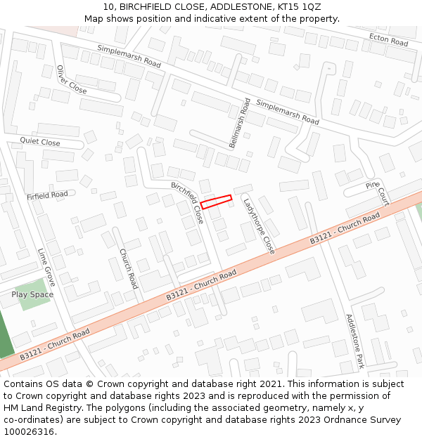10, BIRCHFIELD CLOSE, ADDLESTONE, KT15 1QZ: Location map and indicative extent of plot