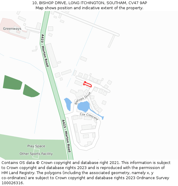 10, BISHOP DRIVE, LONG ITCHINGTON, SOUTHAM, CV47 9AP: Location map and indicative extent of plot