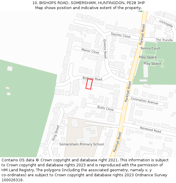 10, BISHOPS ROAD, SOMERSHAM, HUNTINGDON, PE28 3HP: Location map and indicative extent of plot