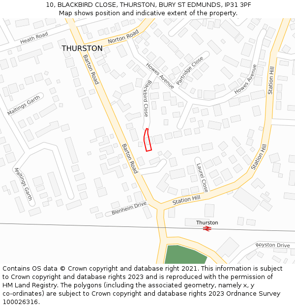 10, BLACKBIRD CLOSE, THURSTON, BURY ST EDMUNDS, IP31 3PF: Location map and indicative extent of plot