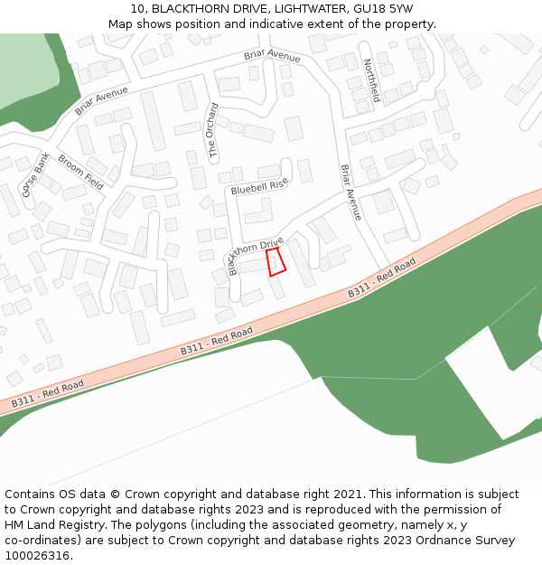 10, BLACKTHORN DRIVE, LIGHTWATER, GU18 5YW: Location map and indicative extent of plot