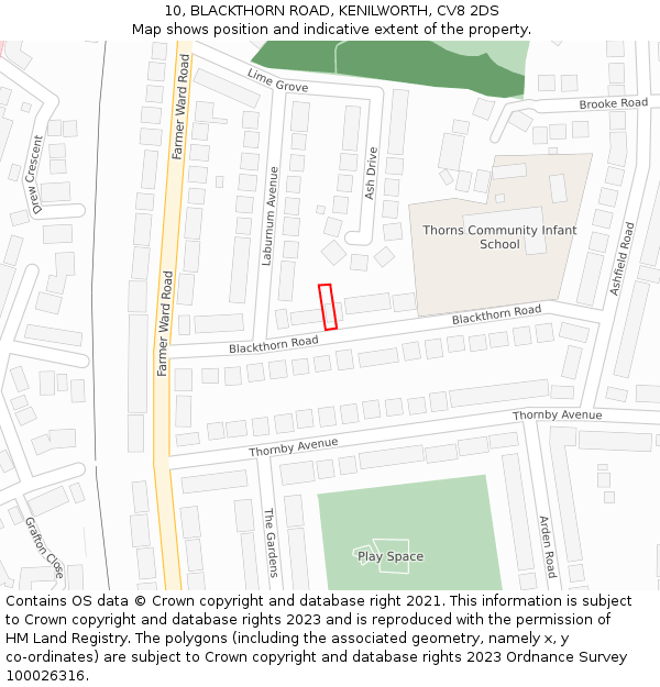 10, BLACKTHORN ROAD, KENILWORTH, CV8 2DS: Location map and indicative extent of plot